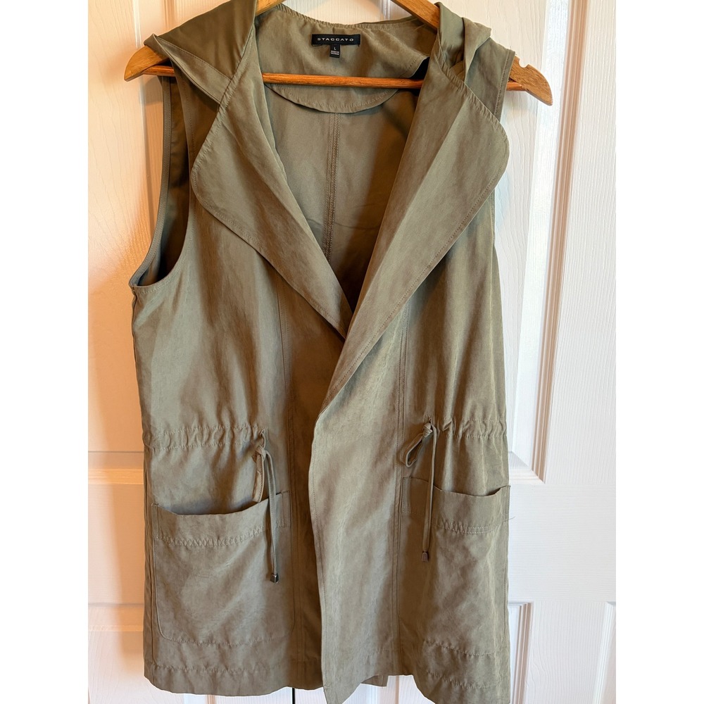 Staccato Womens Olive Green Hooded Utility Vest Drawstring Waist Large